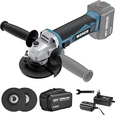 WESCO Angle Grinder, 4.0Ah Cordless Angle Grinder, 18V Cordless Angle Grinder, 8800 RPM, 115 mm Angle Grinder, with Additional Handle and 3 Discs, Ideal for Carpenters, Builders, WS2333 on Sale
